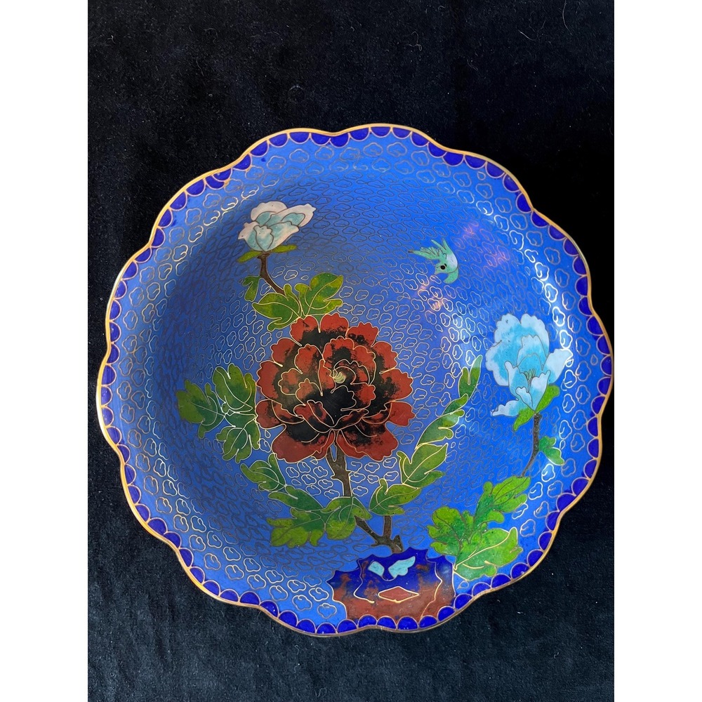 Vintage 6" Cloisonne Enamel Floral Bowl Blue Scalloped Rim Gold Trim Asian